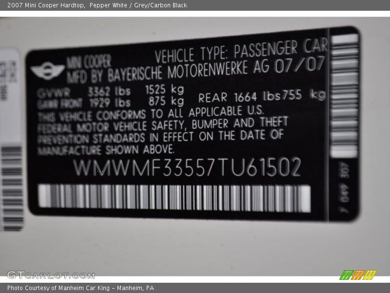 Pepper White / Grey/Carbon Black 2007 Mini Cooper Hardtop