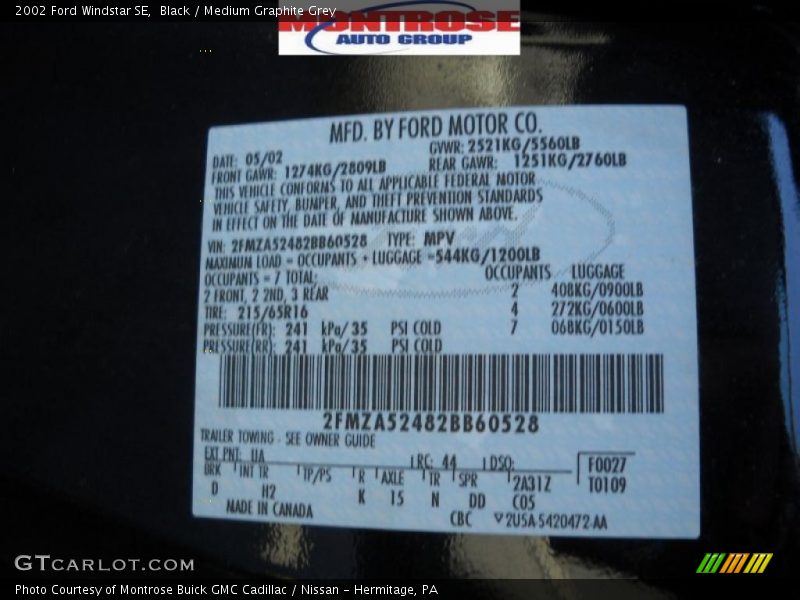 Black / Medium Graphite Grey 2002 Ford Windstar SE