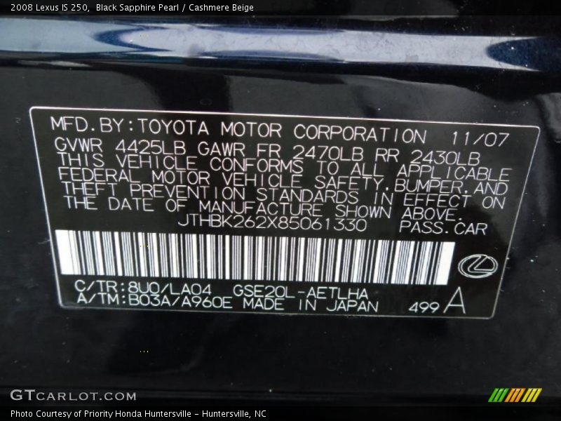 Black Sapphire Pearl / Cashmere Beige 2008 Lexus IS 250