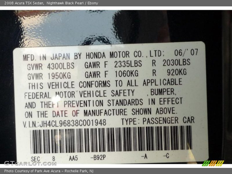 Nighthawk Black Pearl / Ebony 2008 Acura TSX Sedan