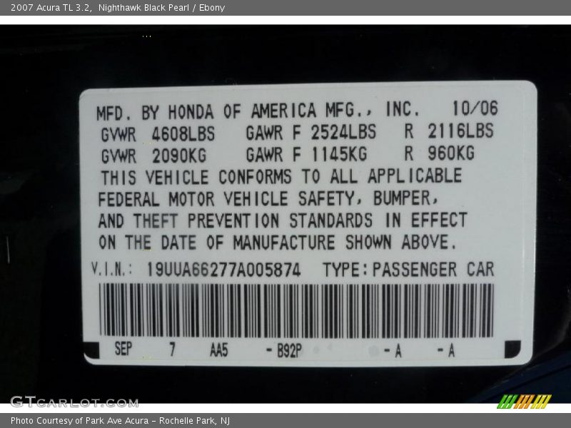 Nighthawk Black Pearl / Ebony 2007 Acura TL 3.2