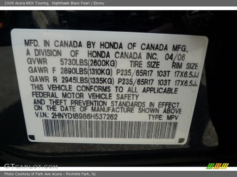Nighthawk Black Pearl / Ebony 2006 Acura MDX Touring