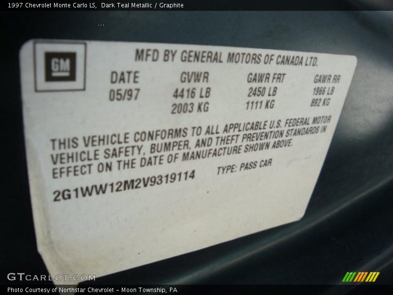 Dark Teal Metallic / Graphite 1997 Chevrolet Monte Carlo LS