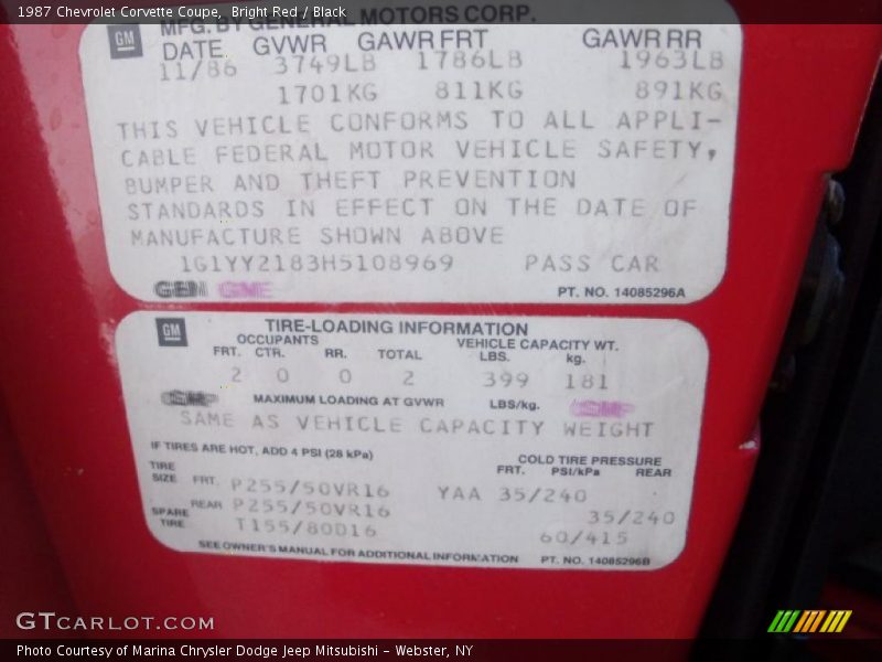 Bright Red / Black 1987 Chevrolet Corvette Coupe