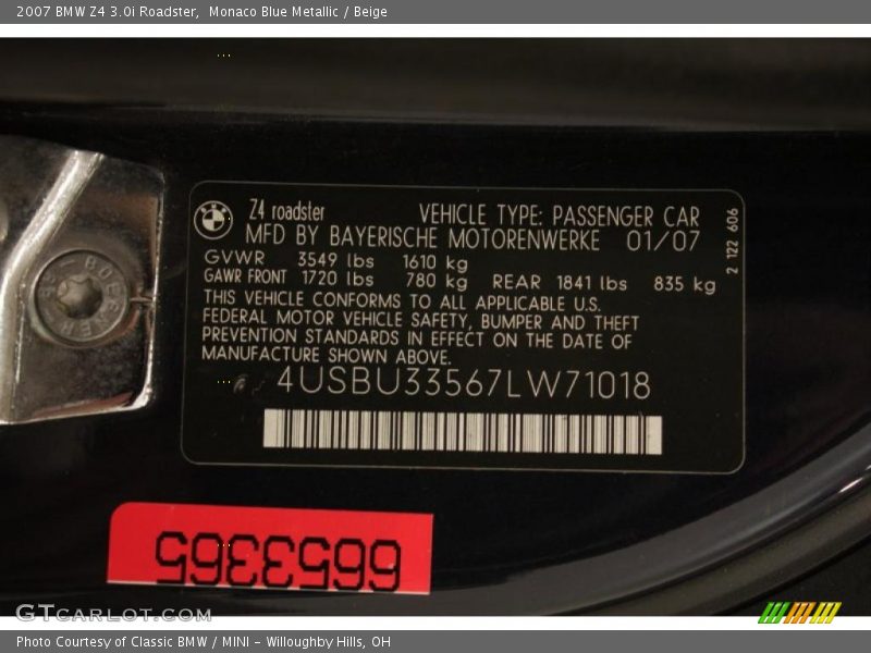 Monaco Blue Metallic / Beige 2007 BMW Z4 3.0i Roadster