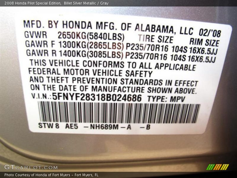 Billet Silver Metallic / Gray 2008 Honda Pilot Special Edition