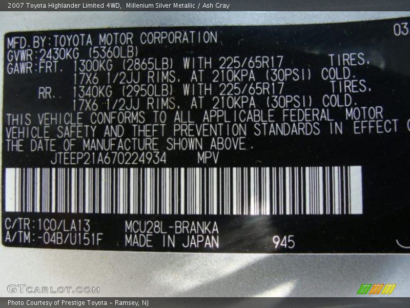 Millenium Silver Metallic / Ash Gray 2007 Toyota Highlander Limited 4WD
