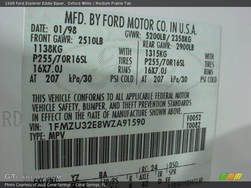 Oxford White / Medium Prairie Tan 1998 Ford Explorer Eddie Bauer