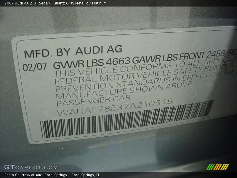 Quartz Gray Metallic / Platinum 2007 Audi A4 2.0T Sedan