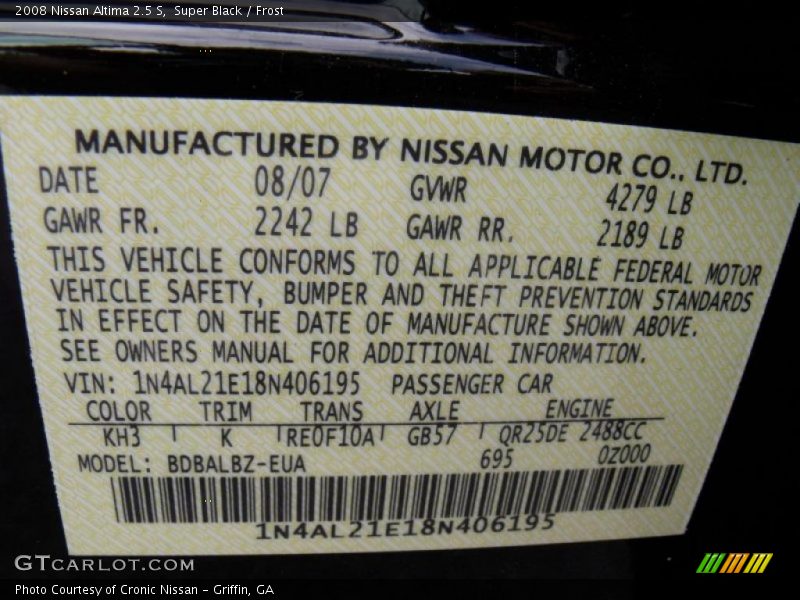 Super Black / Frost 2008 Nissan Altima 2.5 S