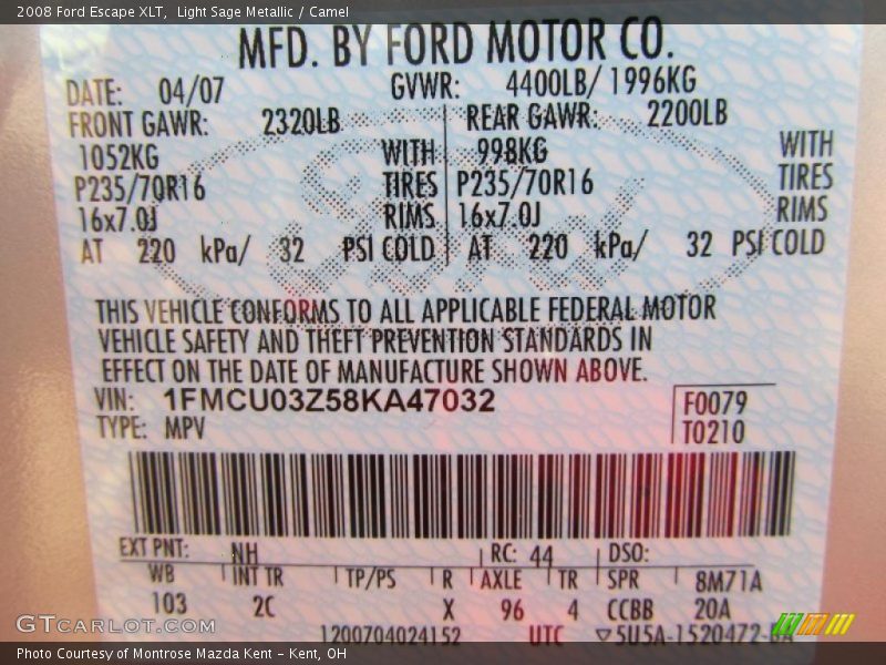 Light Sage Metallic / Camel 2008 Ford Escape XLT