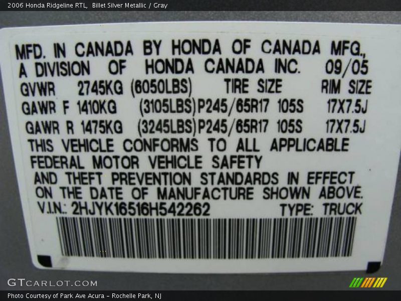 Billet Silver Metallic / Gray 2006 Honda Ridgeline RTL