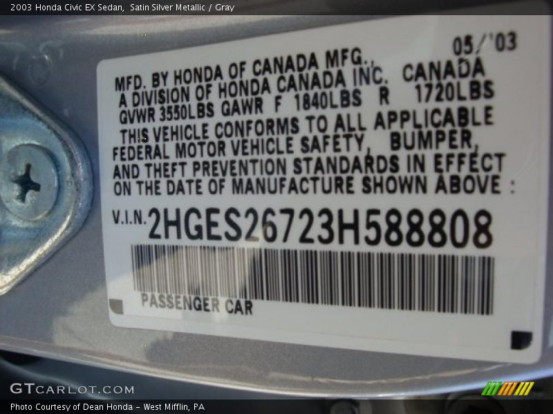Satin Silver Metallic / Gray 2003 Honda Civic EX Sedan