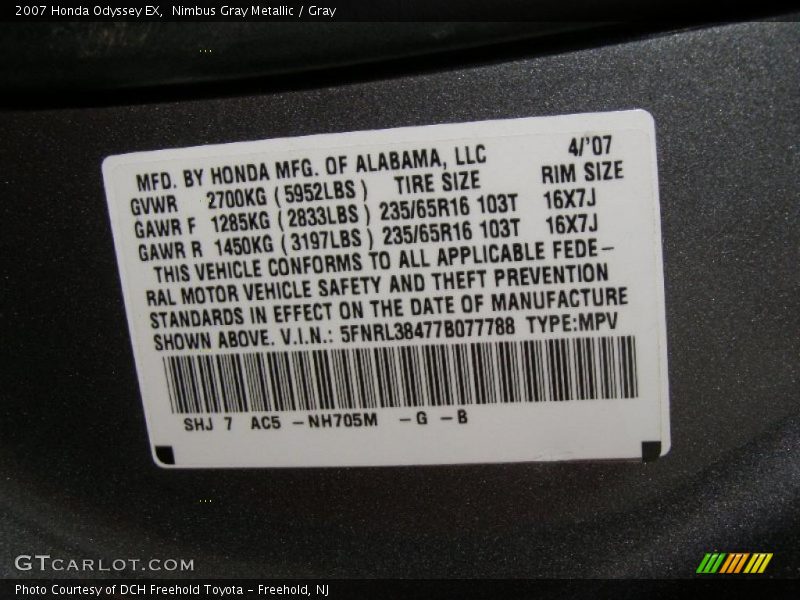 Nimbus Gray Metallic / Gray 2007 Honda Odyssey EX