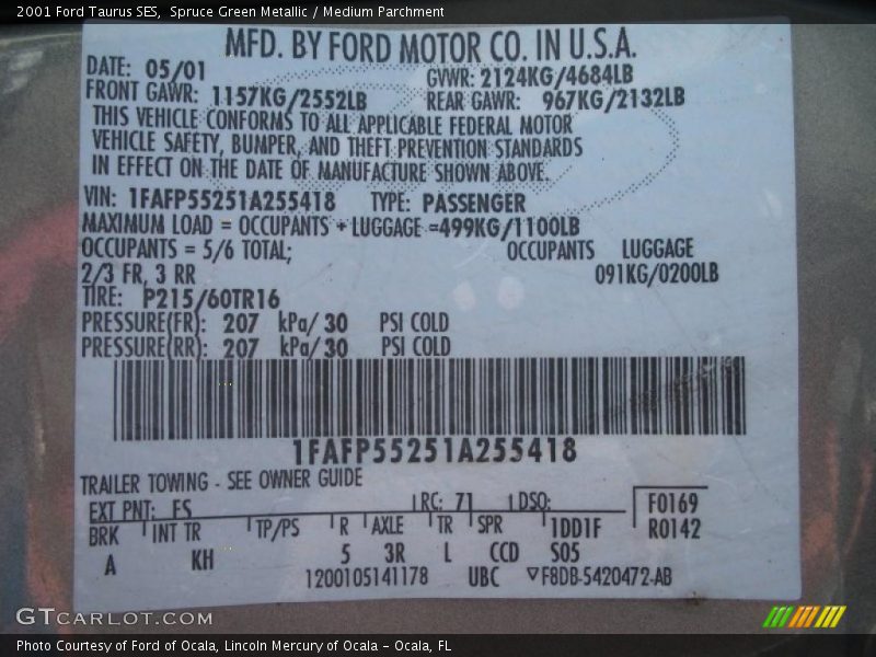 Spruce Green Metallic / Medium Parchment 2001 Ford Taurus SES