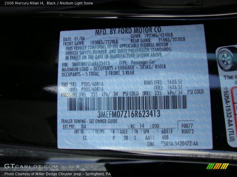 Black / Medium Light Stone 2006 Mercury Milan I4