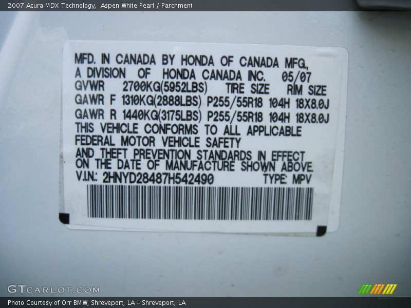 Aspen White Pearl / Parchment 2007 Acura MDX Technology