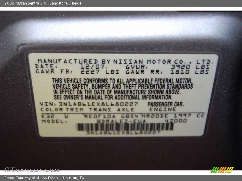 Sandstone / Beige 2008 Nissan Sentra 2.0