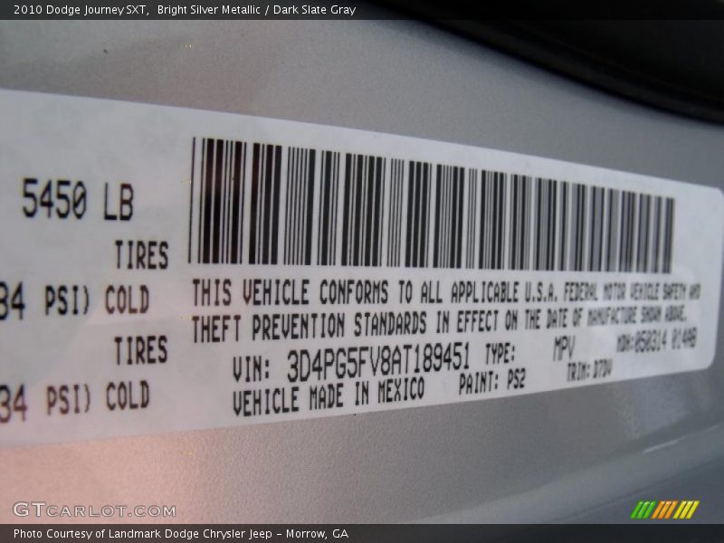 Bright Silver Metallic / Dark Slate Gray 2010 Dodge Journey SXT