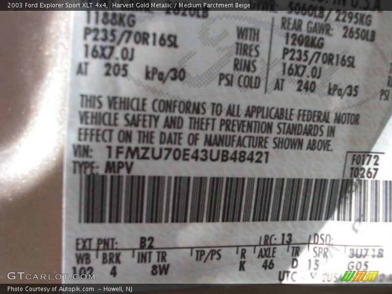 Harvest Gold Metallic / Medium Parchment Beige 2003 Ford Explorer Sport XLT 4x4