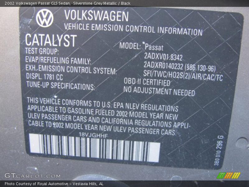 Silverstone Grey Metallic / Black 2002 Volkswagen Passat GLS Sedan