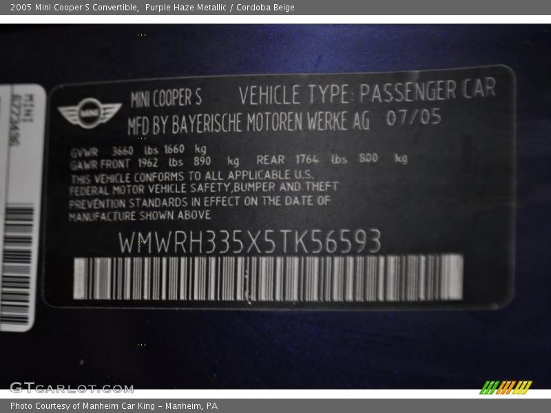 Purple Haze Metallic / Cordoba Beige 2005 Mini Cooper S Convertible