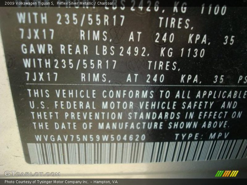Reflex Silver Metallic / Charcoal 2009 Volkswagen Tiguan S