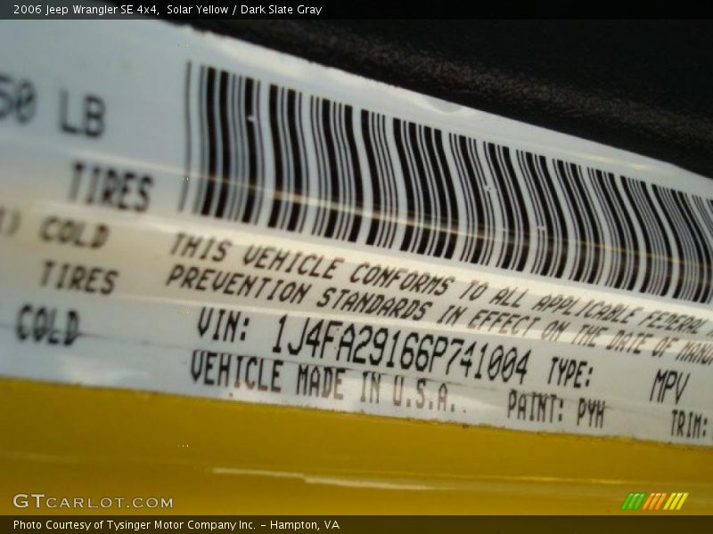 Solar Yellow / Dark Slate Gray 2006 Jeep Wrangler SE 4x4