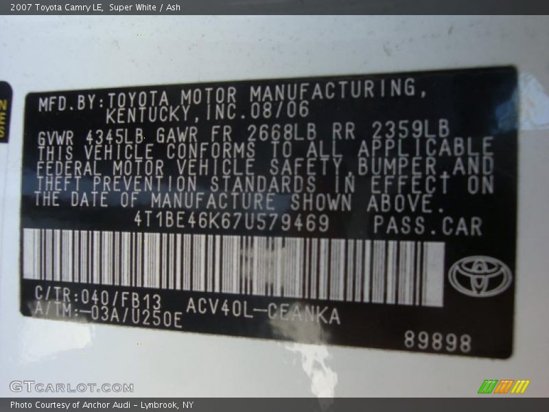 Super White / Ash 2007 Toyota Camry LE