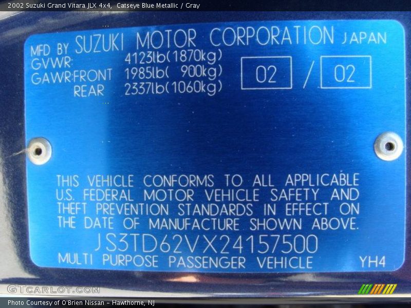 Catseye Blue Metallic / Gray 2002 Suzuki Grand Vitara JLX 4x4
