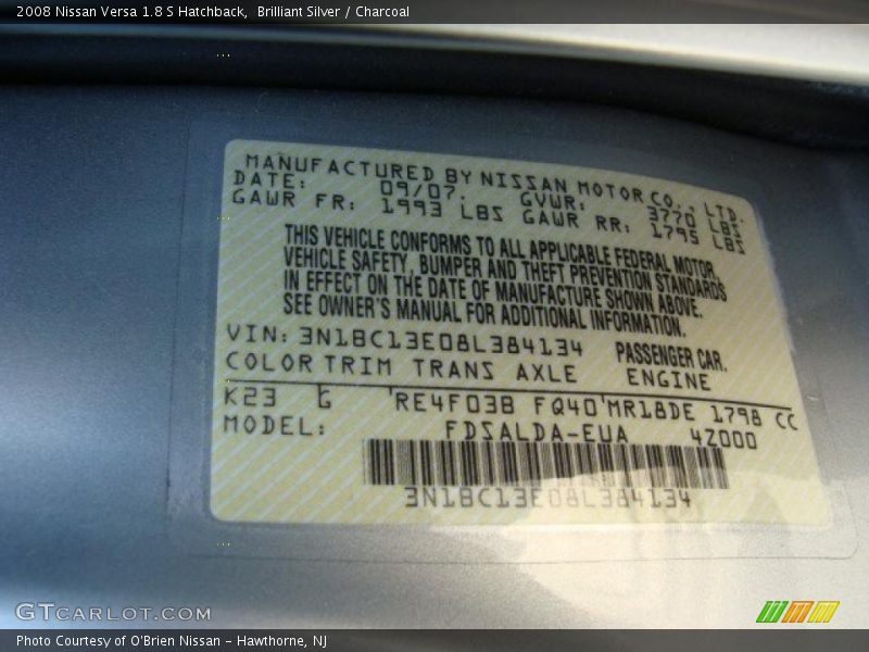 Brilliant Silver / Charcoal 2008 Nissan Versa 1.8 S Hatchback