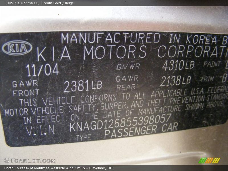 Cream Gold / Beige 2005 Kia Optima LX