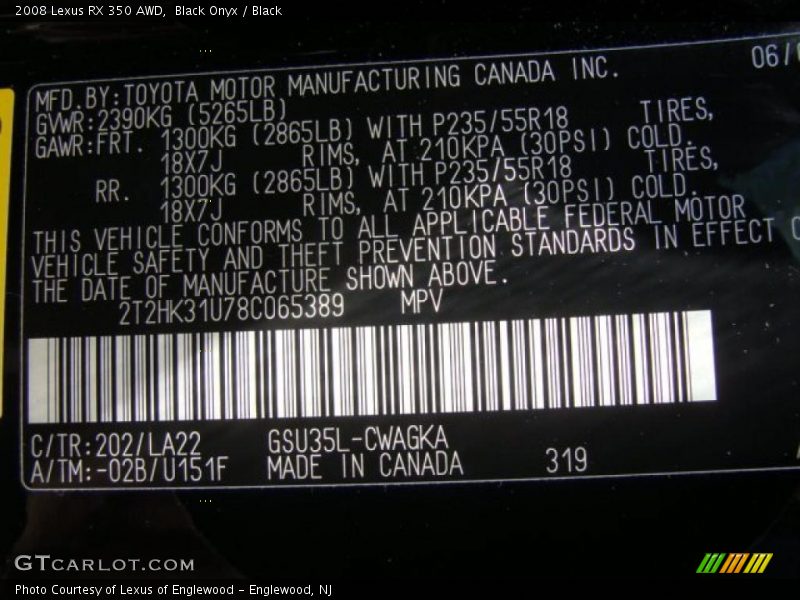 Black Onyx / Black 2008 Lexus RX 350 AWD