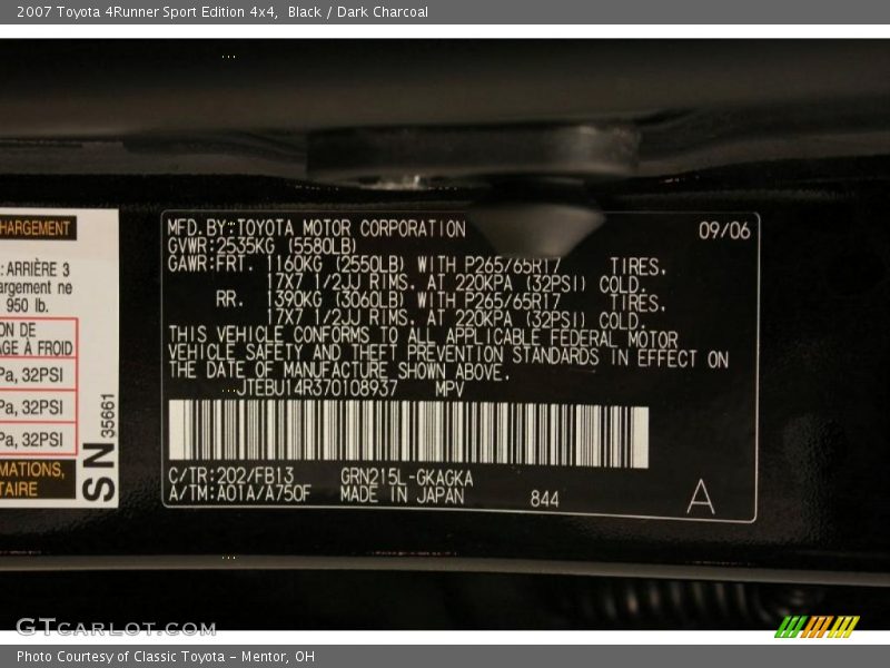 Black / Dark Charcoal 2007 Toyota 4Runner Sport Edition 4x4