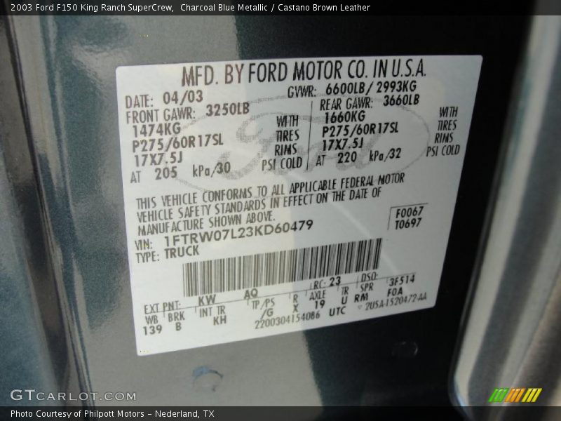 2003 F150 King Ranch SuperCrew Charcoal Blue Metallic Color Code KW