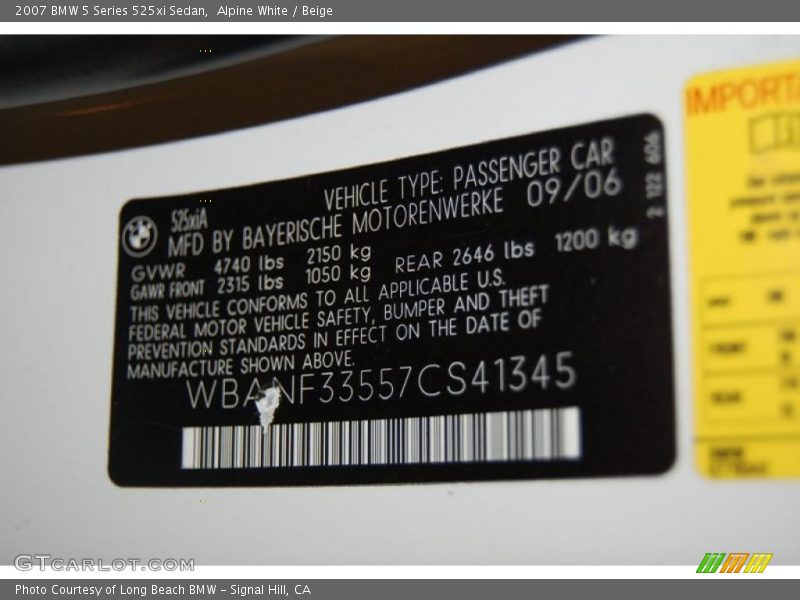 Alpine White / Beige 2007 BMW 5 Series 525xi Sedan