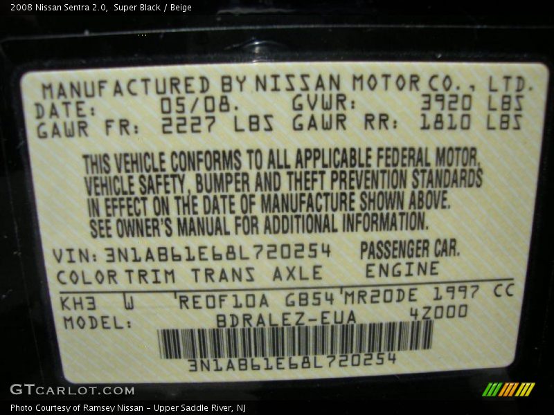Super Black / Beige 2008 Nissan Sentra 2.0