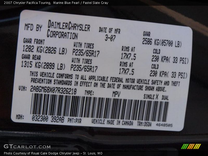 Marine Blue Pearl / Pastel Slate Gray 2007 Chrysler Pacifica Touring