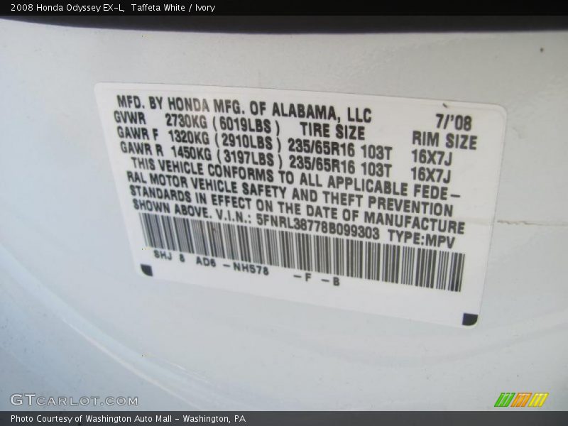 Taffeta White / Ivory 2008 Honda Odyssey EX-L