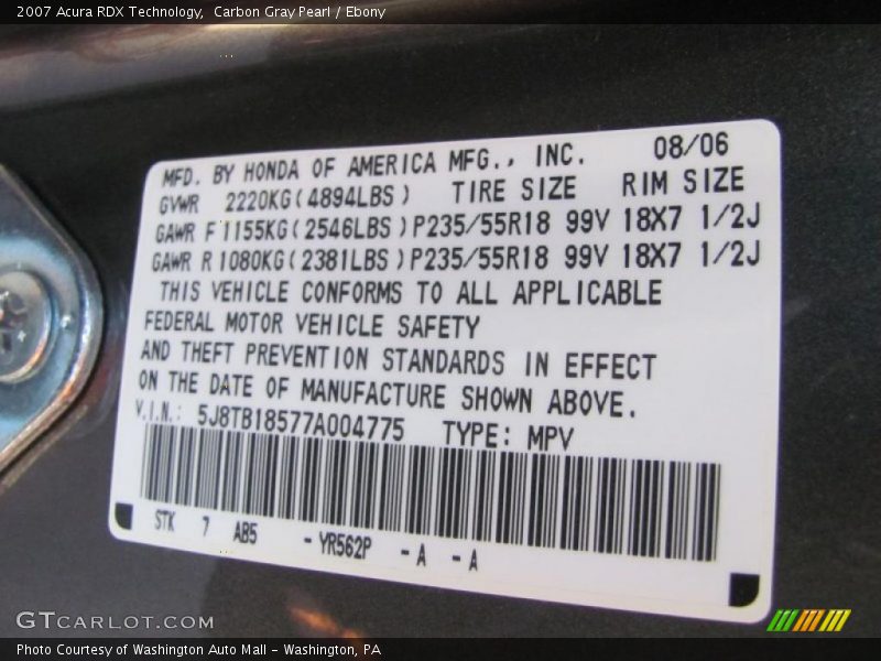 Carbon Gray Pearl / Ebony 2007 Acura RDX Technology