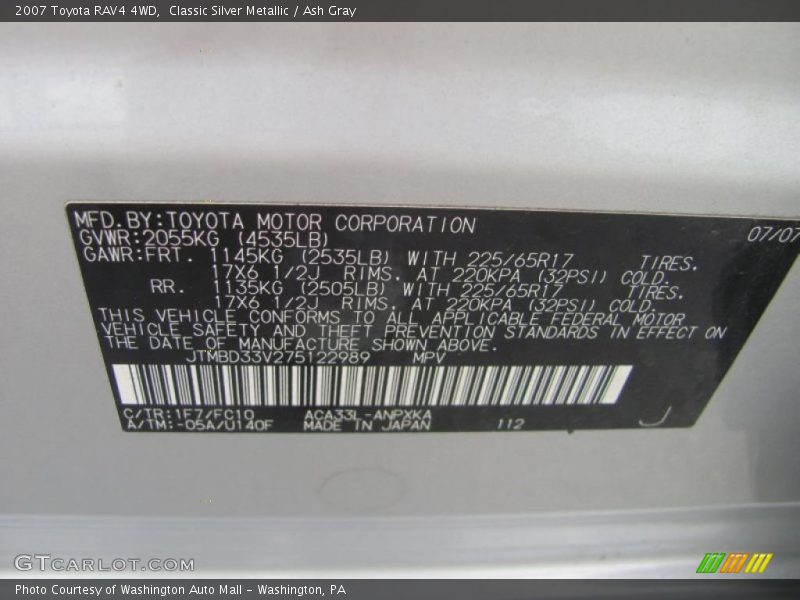Classic Silver Metallic / Ash Gray 2007 Toyota RAV4 4WD