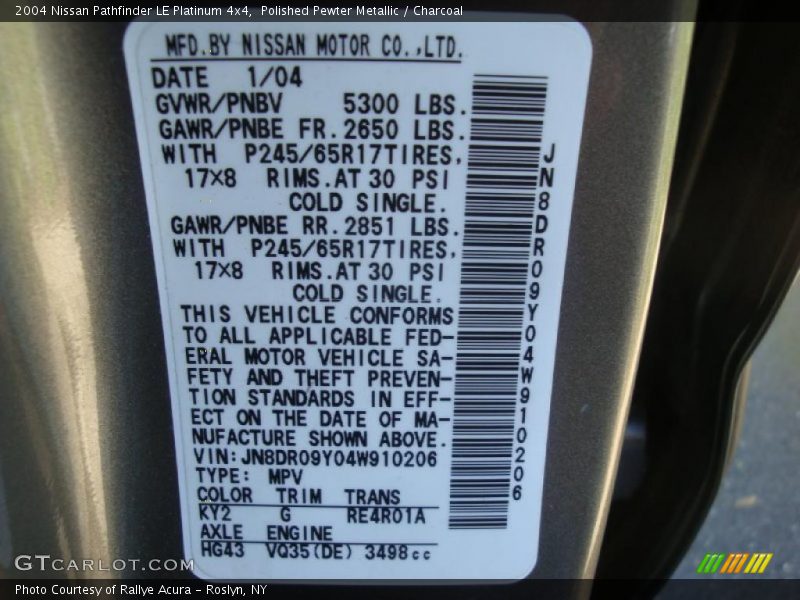 Polished Pewter Metallic / Charcoal 2004 Nissan Pathfinder LE Platinum 4x4