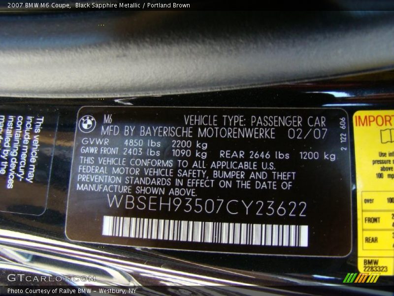 Black Sapphire Metallic / Portland Brown 2007 BMW M6 Coupe