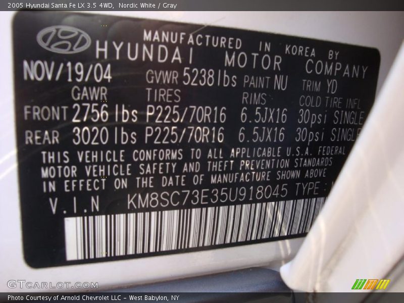 Nordic White / Gray 2005 Hyundai Santa Fe LX 3.5 4WD