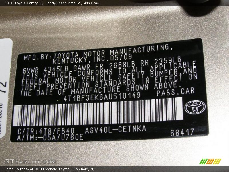 Sandy Beach Metallic / Ash Gray 2010 Toyota Camry LE