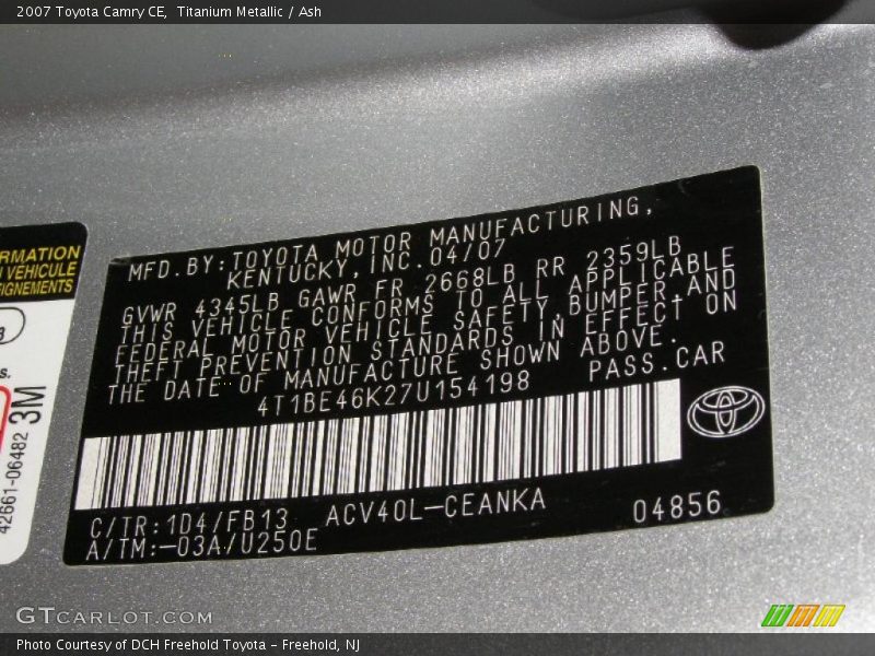 Titanium Metallic / Ash 2007 Toyota Camry CE