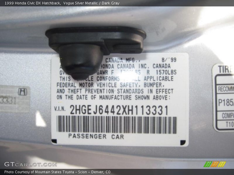 Vogue Silver Metallic / Dark Gray 1999 Honda Civic DX Hatchback