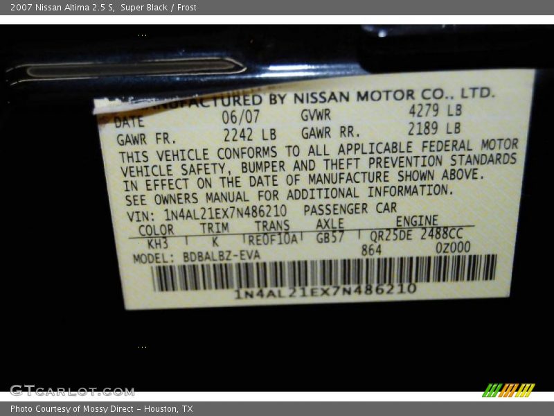 Super Black / Frost 2007 Nissan Altima 2.5 S
