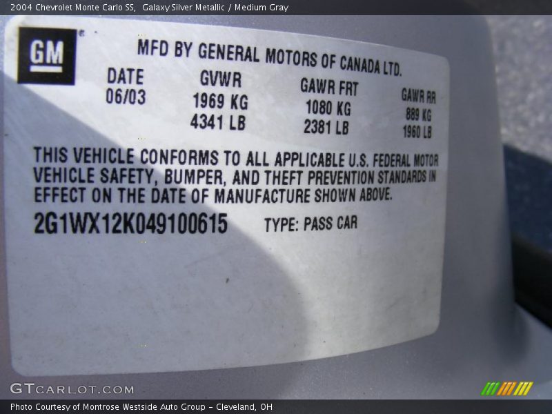 Galaxy Silver Metallic / Medium Gray 2004 Chevrolet Monte Carlo SS