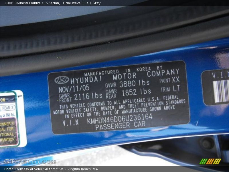 2006 Elantra GLS Sedan Tidal Wave Blue Color Code XX